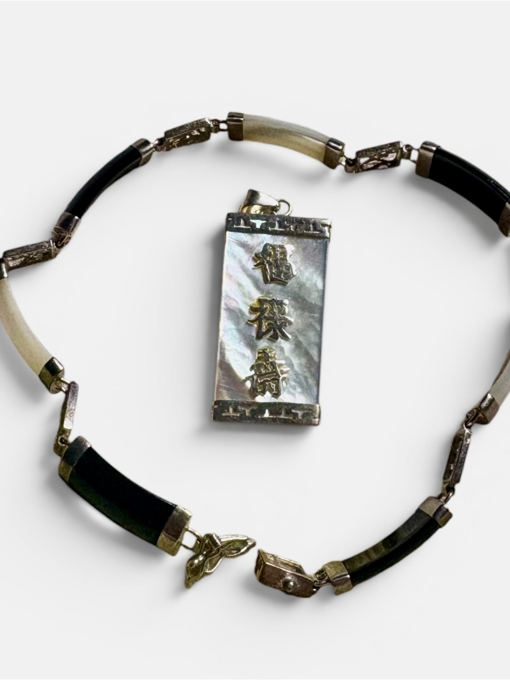 Sterling Silver 925 Black Jade & Mother of Pearl Chinese Symbol Jewelry Set